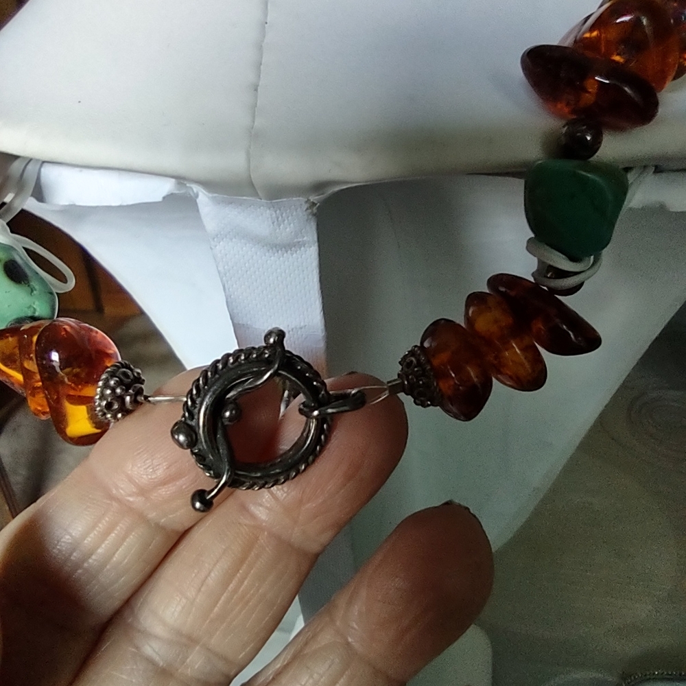 Enormous Turquoise and Amber Pendant Necklace - Statement Piece - Very Heavy - Picture 9 of 16